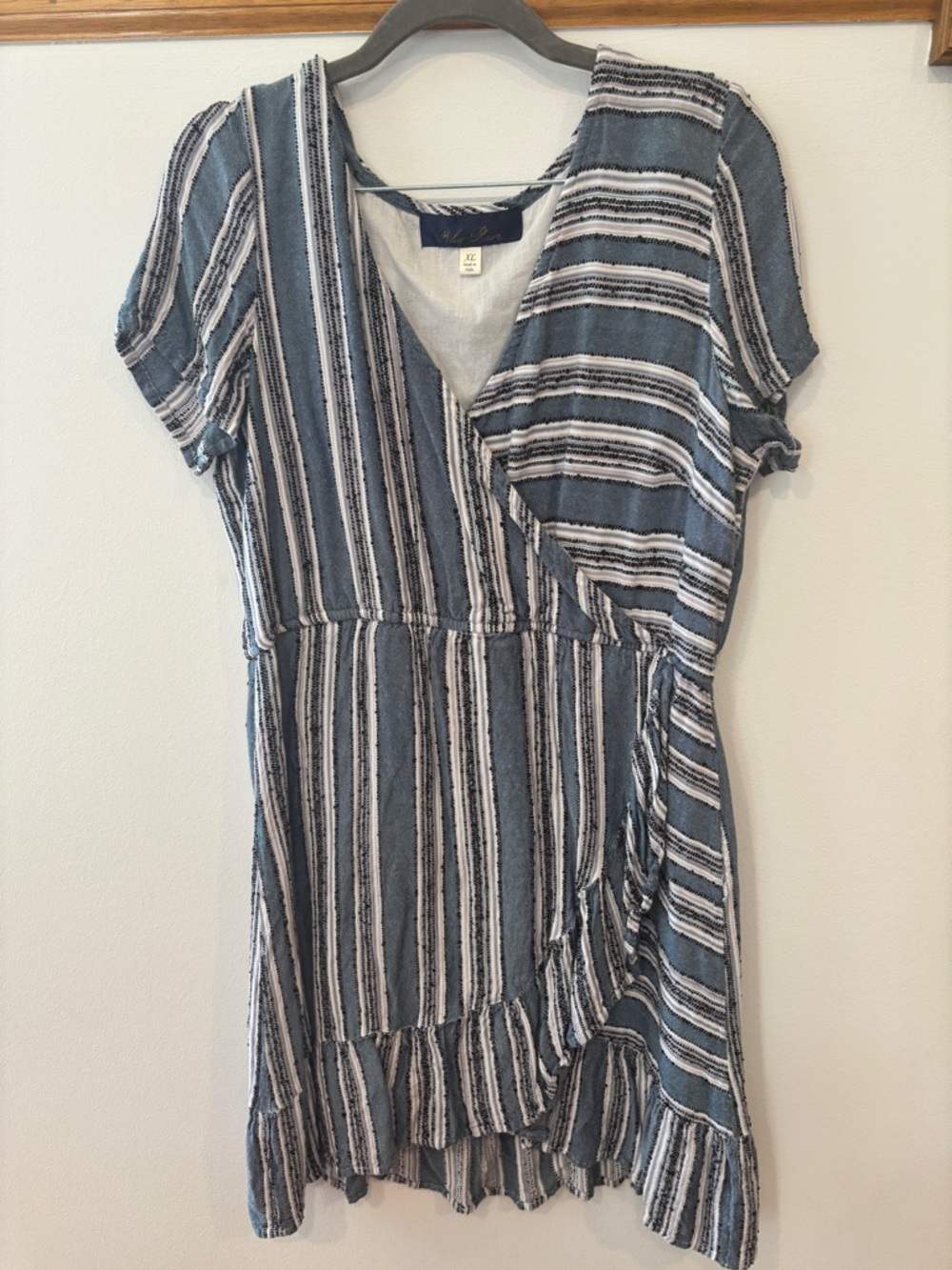 Blue Rain 100% Cotton Blue Striped Faux/Wrap Mini Dress Ruffle Hem - Women’s XL
